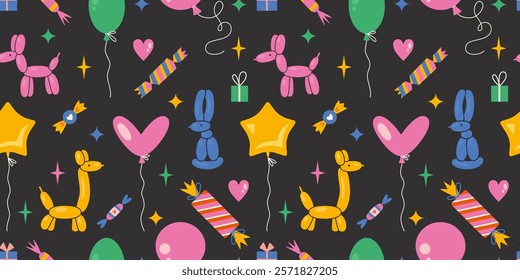 Seamless pattern with Inflatable animal figurines, helium balloons, gifts, candies and stars. Festive party decor. Trendy modern vector illustration on black background, hand drawn, flat design