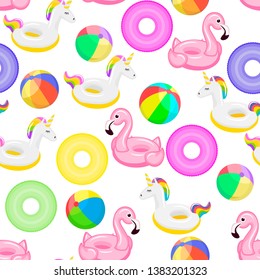 Seamless pattern  inflatable circle, ball, striped pink flamingo and colored unicorn inflatable. Pool float. Inflatable colorful unicorn. Swimming circle. Vector template for your summertime design