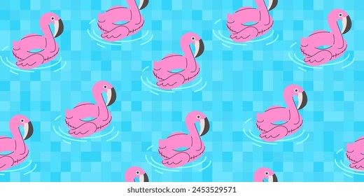 Seamless pattern with inflatable flamingo circle in the pool. Swimming ring in the shape of pink flamingo. Summer background