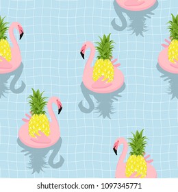 Seamless pattern Inflatable Flamingo with Pineapple Float On Swimming Pool.printing wallpaper.vector illustration