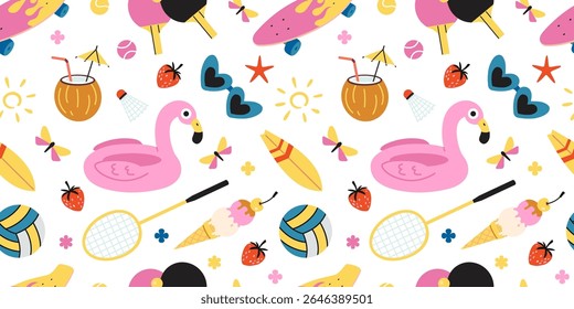 Padrão contínuo com flamingos infláveis, equipamentos de praia, sorvete, bolas, raquetes e símbolos de verão. Moderna ilustração vetorial sobre fundo branco, desenhado à mão, design plano