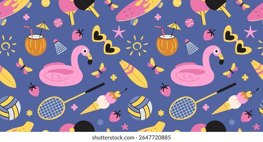 Padrão contínuo com flamingos infláveis, equipamentos de praia, sorvete, bolas, raquetes e símbolos de verão. Moderna ilustração vetorial sobre fundo azul, desenhado à mão, design plano