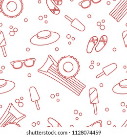 Seamless pattern with inflatable mattress, inflatable circle, ice cream, hat, glasses, beach slippers. Summer rest concept.