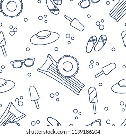Seamless pattern with inflatable mattress, inflatable circle, ice cream, hat, glasses, beach slippers. Summer rest concept.