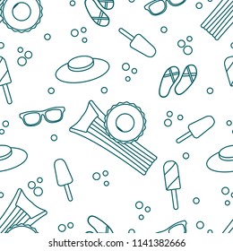 Seamless pattern with inflatable mattress, inflatable circle, ice cream, hat, glasses, beach slippers. Summer rest concept.