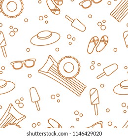 Seamless pattern with inflatable mattress, inflatable circle, ice cream, hat, glasses, beach slippers. Summer rest concept.