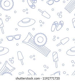 Seamless pattern with inflatable mattress, inflatable circle, ice cream, hat, glasses, beach slippers. Summer rest concept.