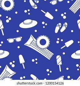 Seamless pattern with inflatable mattress, inflatable circle, ice cream, hat, glasses, beach slippers. Summer rest concept.
