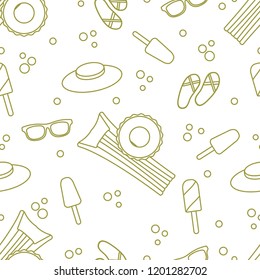 Seamless pattern with inflatable mattress, inflatable circle, ice cream, hat, glasses, beach slippers. Summer rest concept.