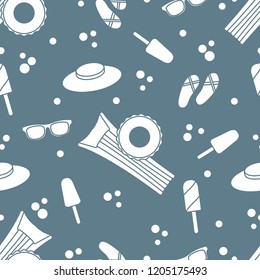 Seamless pattern with inflatable mattress, inflatable circle, ice cream, hat, glasses, beach slippers. Summer rest concept.