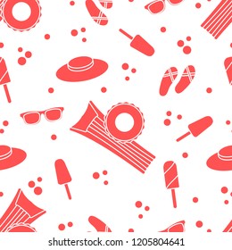 Seamless pattern with inflatable mattress, inflatable circle, ice cream, hat, glasses, beach slippers. Summer rest concept.