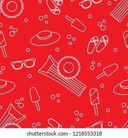 Seamless pattern with inflatable mattress, inflatable circle, ice cream, hat, glasses, beach slippers. Summer rest concept.