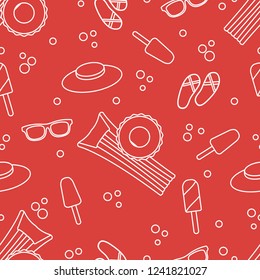 Seamless pattern with inflatable mattress, inflatable circle, ice cream, hat, glasses, beach slippers. Summer rest concept.