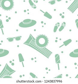 Seamless pattern with inflatable mattress, inflatable circle, ice cream, hat, glasses, beach slippers. Summer rest concept.