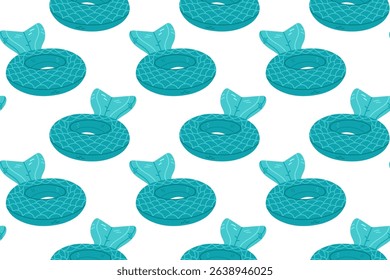 Seamless pattern with inflatable mermaid tail pool floats in turquoise on white background, perfect for summer fabric, wrapping, and kids’ products