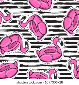 Seamless pattern with inflatable pink flamingo. Swim ring. Summer print, sticker, badge, fashion patch on fabric. Vector illustration.