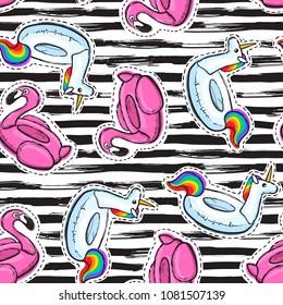 Seamless pattern with inflatable pink flamingo. Swim ring. Summer print, sticker, badge, fashion patch on fabric. Vector illustration.