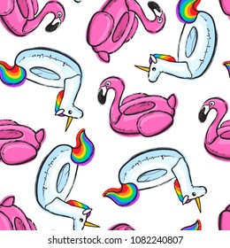 Seamless pattern with inflatable pink flamingo. Swim ring. Summer print, sticker, badge, fashion patch on fabric. Vector illustration.