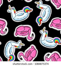 Seamless pattern with inflatable pink flamingo. Swim ring. Summer print, sticker, badge, fashion patch on fabric. Vector illustration.