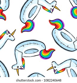 Seamless pattern with inflatable Rainbow Unicorn. Swim ring. Summer print, sticker, badge, fashion patch on fabric. Vector illustration.