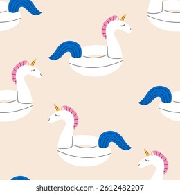 Seamless pattern inflatable ring unicorn. Summer pattern design. Flat vector illustration.