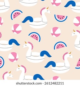 Seamless pattern inflatable ring unicorn. Summer pattern design. Flat vector illustration.