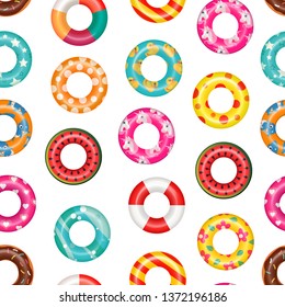 Seamless pattern of inflatable rubber rings with unicorn, baby shark, flower, dot, duck, heart. Swim ring colorful realistic rubber toy. Summer, water and beach theme. floats, buoy flat vector