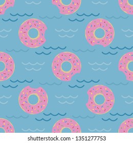 Seamless pattern with inflatable swim ring in the form of a sweet donut. Summer holidays. Pool floating toys. Trendy design concept for summer fashion textile print.