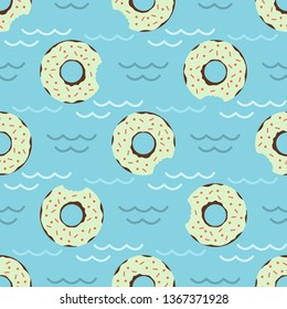 Seamless pattern with inflatable swim ring in the form of a sweet donut. Summer holidays. Pool floating toys. Trendy design concept for summer fashion textile print.