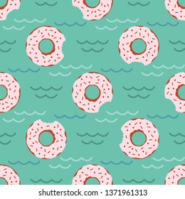 Seamless pattern with inflatable swim ring in the form of a sweet donut. Summer holidays. Pool floating toys. Trendy design concept for summer fashion textile print.