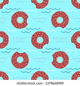 Seamless pattern with inflatable swim ring in the form of a sweet donut. Summer holidays. Pool floating toys. Trendy design concept for summer fashion textile print.