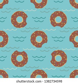 Seamless pattern with inflatable swim ring in the form of a sweet donut. Summer holidays. Pool floating toys. Trendy design concept for summer fashion textile print.