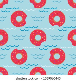 Seamless pattern with inflatable swim ring in the form of a sweet donut. Summer holidays. Pool floating toys. Trendy design concept for summer fashion textile print.