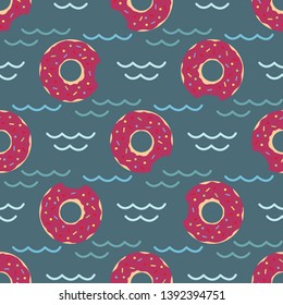 Seamless pattern with inflatable swim ring in the form of a sweet donut. Summer holidays. Pool floating toys. Trendy design concept for summer fashion textile print.