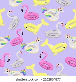 Seamless pattern inflatable swimming circles unicorn,fish,flamingo,swan on a lilac background.Vector pattern for textiles, summer designs.