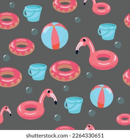 Seamless pattern inflatable swimming circles donuts and pink flamingos, play bucket and beach ball. Pattern for textiles in cartoon style.