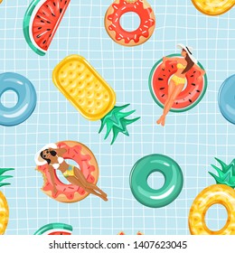 Seamless pattern with inflatable swimming pool rings in the shape of pineapple, watermelon, and donut. Trendy texture for textile, wrapping paper, packaging etc. Vector on checkered background.
