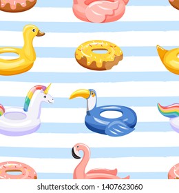 Seamless pattern with inflatable swimming pool rings in the shape of flamingo, unicorn, duck, donut and toucan. Vector illustration on striped background.