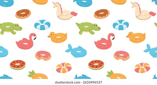 Seamless pattern with inflatable swimming rings. Summer rubber rings for the pool. Crocodile, flamingo, donuts, duck, unicorn, pineapple. Flat vector illustration.