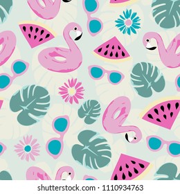 Seamless pattern with inflatables flamingos, watermelons, sunglasses and flowers