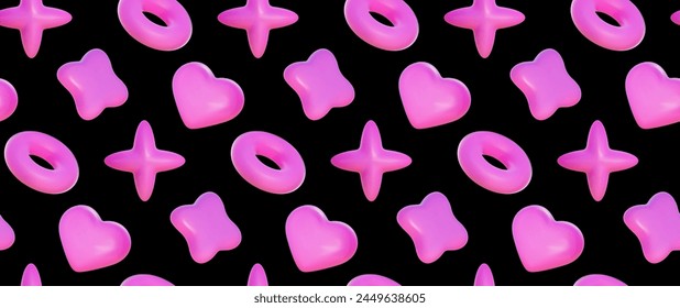 Seamless pattern of inflated geometric shapes. Abstract vector background with pink balloon 3D shapes of heart, donut and star.