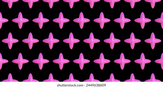 Seamless pattern of inflated geometric shapes in y2k style. Abstract vector background with pink balloon 3D shapes of four-pointed star, sparkles.