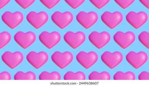Seamless pattern of inflated heart in y2k style. Abstract vector background with pink balloon 3D shapes of heart.