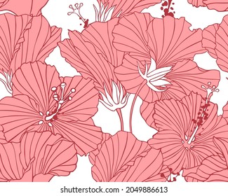 Patrón sin foco con inflorescencia de hibiscos. Textura con flores rojas para tela, decoración casera. Impresión floral con flores. Un dibujo con contornos de tinta de plantas. Fondo tropical de moda y exótico.