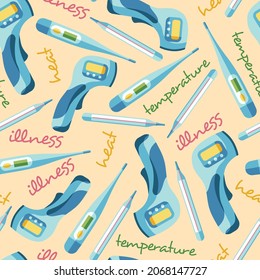 Seamless pattern of Infrared, electric and mercury thermometer, body temperature check in a flat style isolated on a white background. Vector illustration