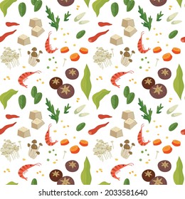 Seamless pattern with ingredients of Asian cooking on a white background. Vector illustration of mushrooms, shrimps and seafood in a minimalistic flat style, hand drawing. Kitchen print for design.