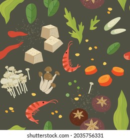 Seamless pattern with ingredients of Asian cuisine on a dark background. Vector illustration of mushrooms, shrimps and seafood in minimalistic flat style, hand drawing. Kitchen print for design.