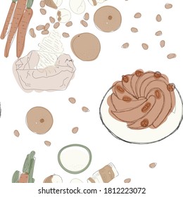 seamless pattern with ingredients for carrot cake. for printing on fabric, wrapping paper, design of kitchen elements, decoration of towels, tablecloths. delicious dessert. Korean, Japanese style. 
