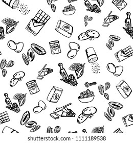 Seamless pattern with ingredients for chocolate cookies with almond and dried apricots on the white background. Cute simple sketch template.