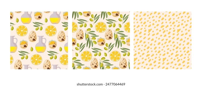 Seamless pattern with Ingredients for making mayonnaise sauce and abstract dots print. Set of three. Hand drawn doodle vector Food template for menu, wallpaper, wrapping, textile, scrapbooking